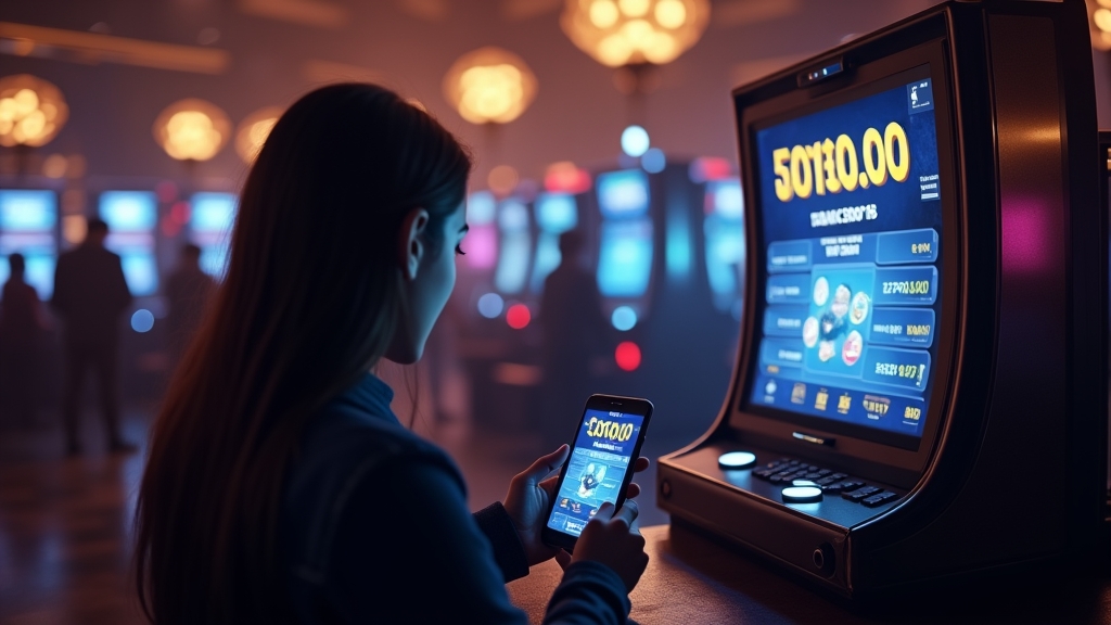 Spieler prüft die Auszahlung am Terminal in einer dunklen Casino-Atmosphäre