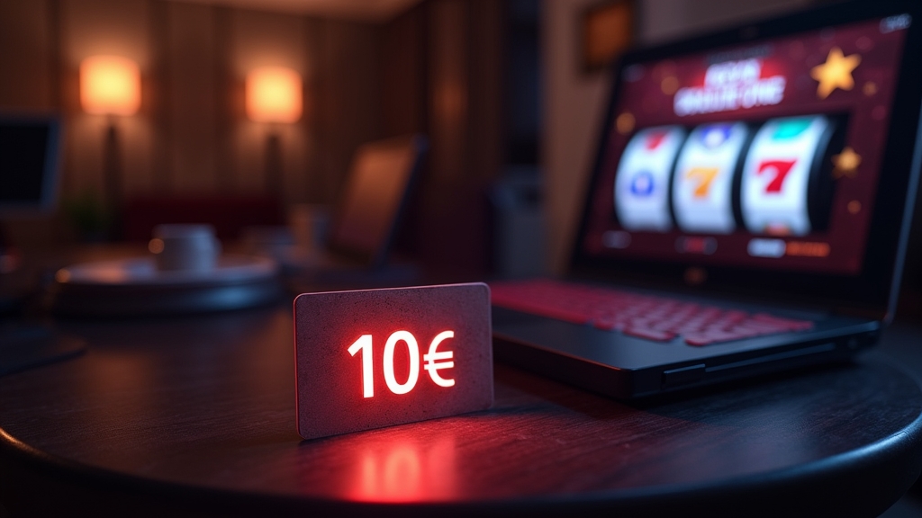 Kleine 10-Euro-No-Deposit-Bonuskarte in dunkler Casino-Atmosphäre.
